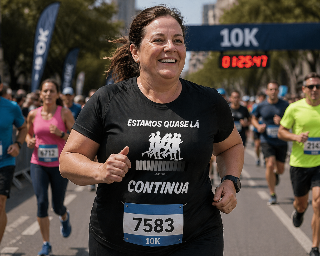 T-Shirt de corrida Estamos Quase Lá (P/B) Unissexo – Doí Treinasses